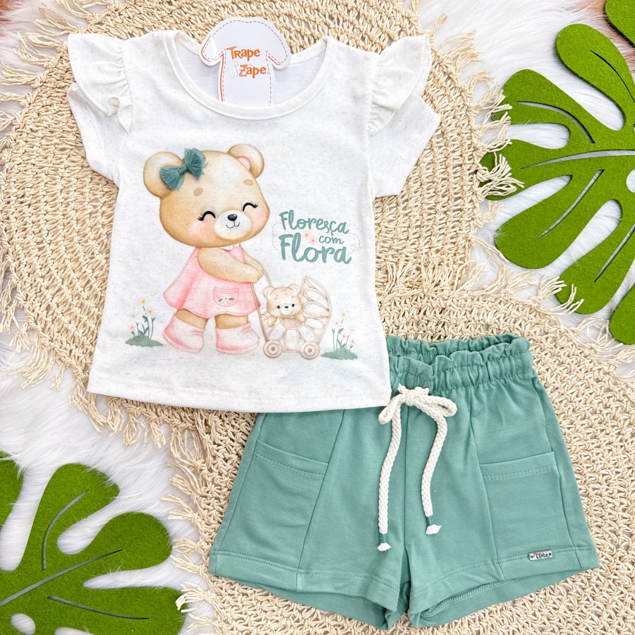 Conj. Blusa Floresça com Flora e Short - Areia e Verde